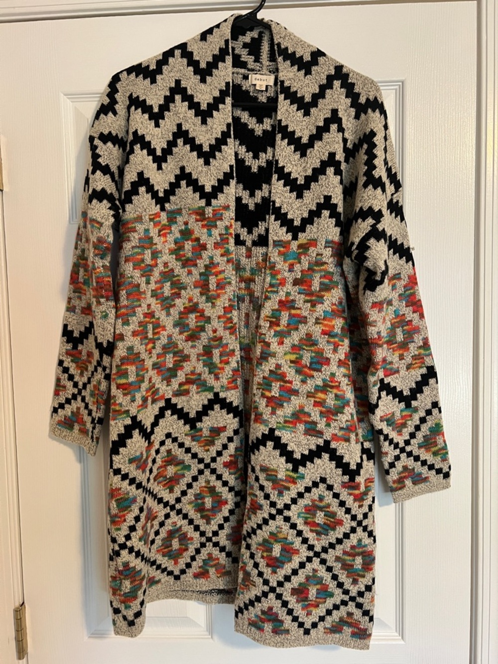 debut Black and Cream Aztec Open Cardigan with Multicolor Accents